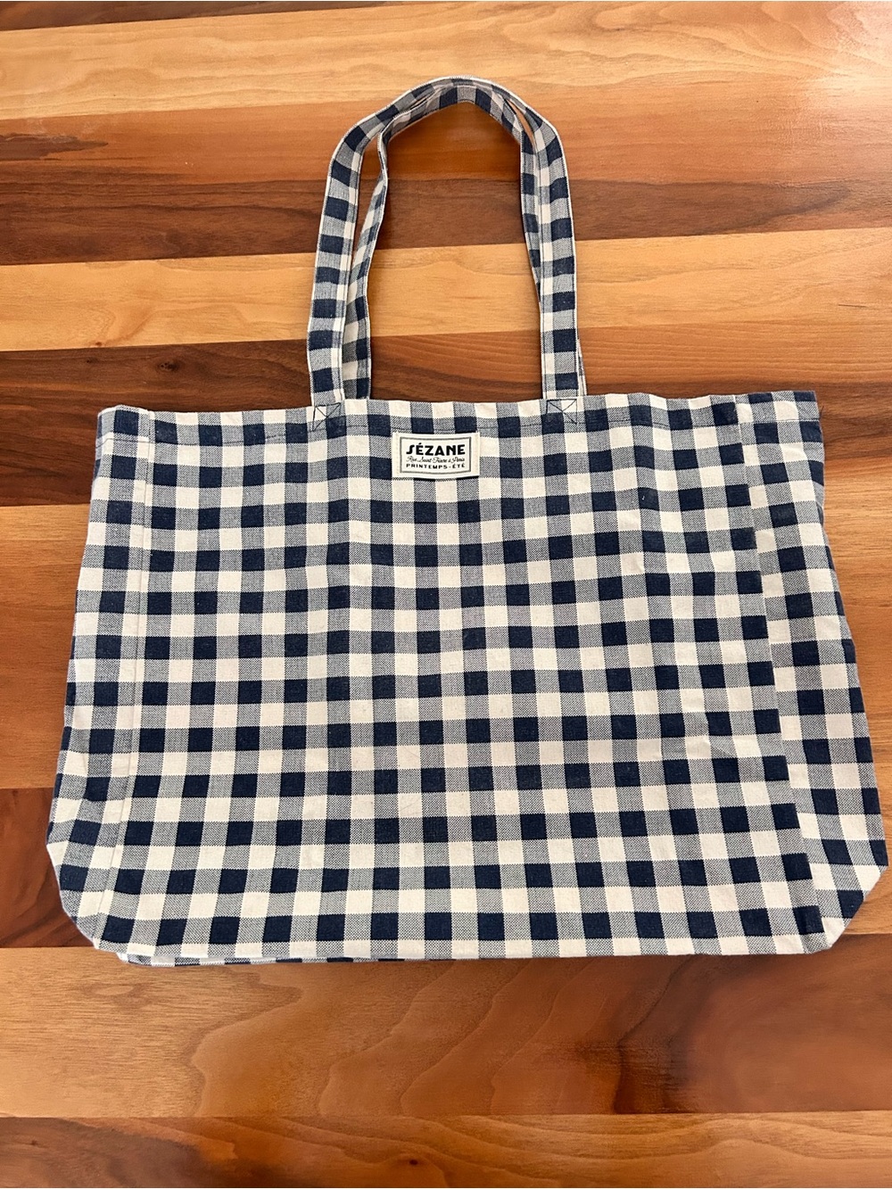 Sezane Navy and Ecru gingham tote bag